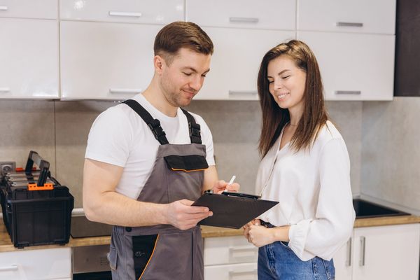 A woman signing a form for a technician.







