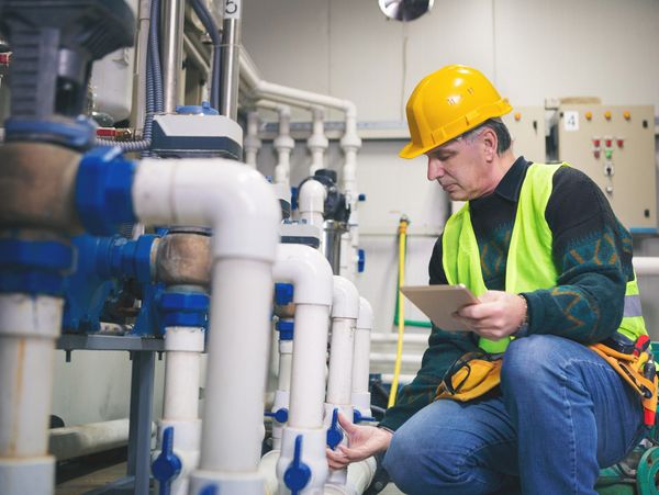 Engineer checking industrial pipes with a tablet.






