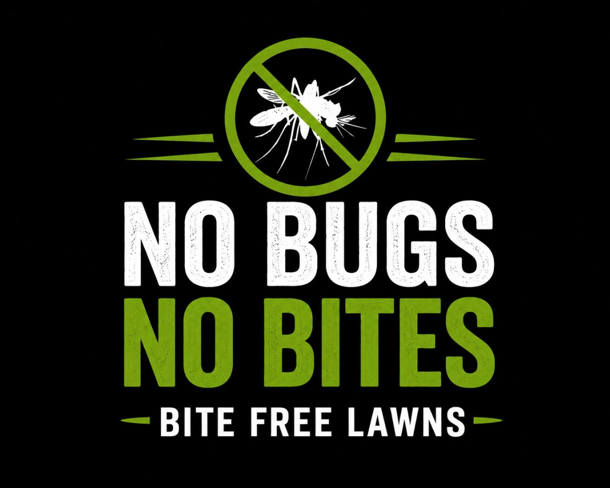 Green and white text saying 'No Bugs No Bites' with a crossed-out mosquito graphic.