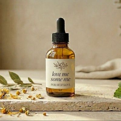 Amber dropper bottle labeled 'love me some me' for self-love.