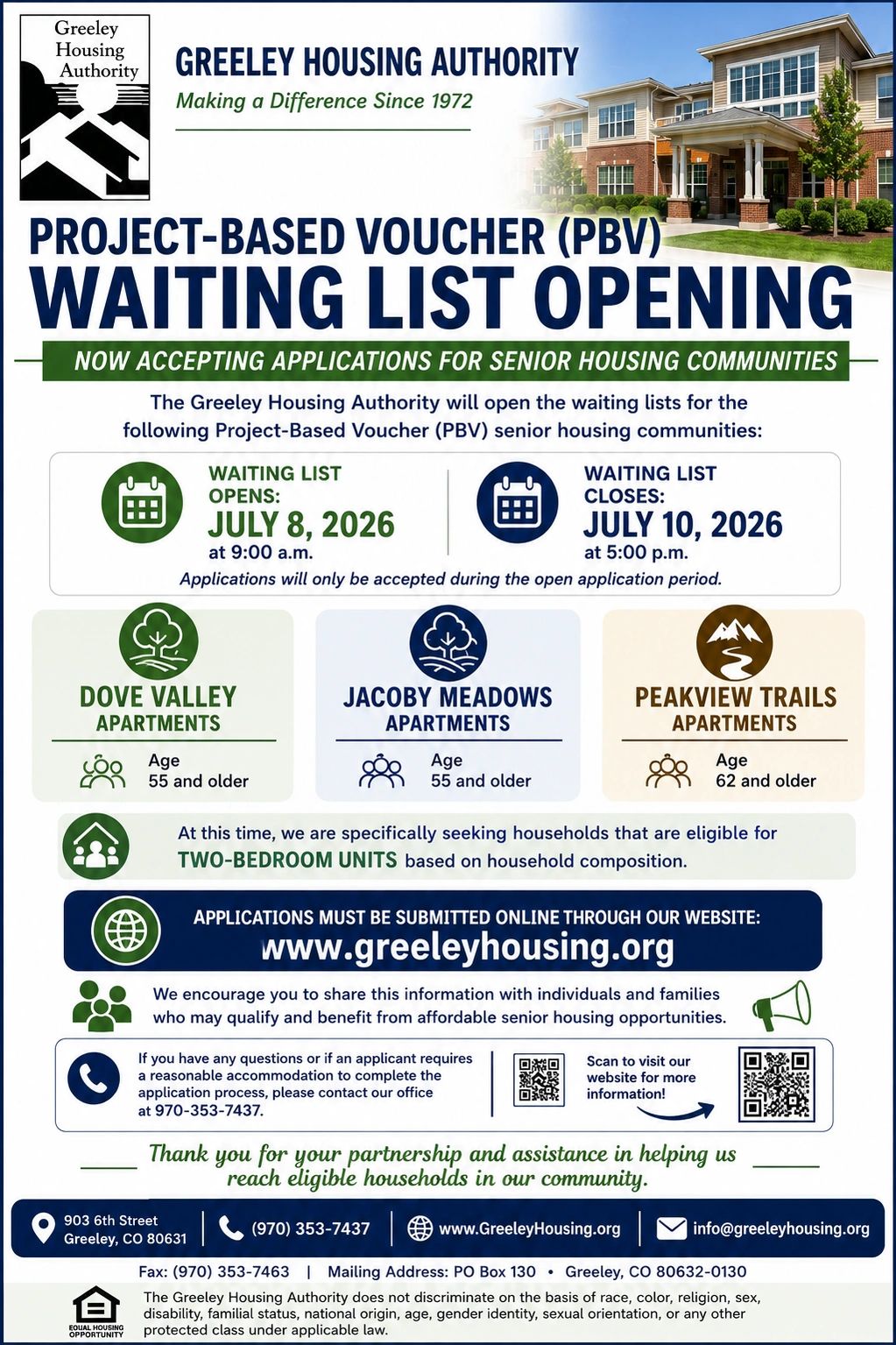 Greeley Housing Authority opens waiting list for senior housing applications in July 2026.

