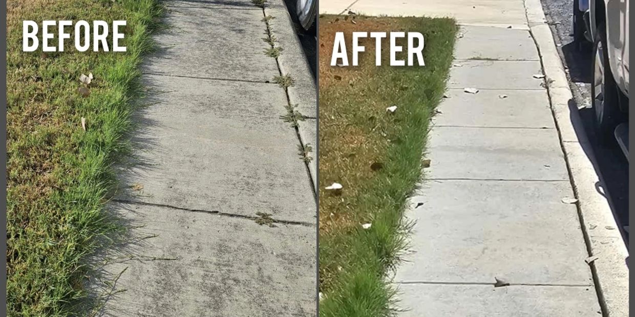 Sidewalk before and after weed removal shows a cleaner path.