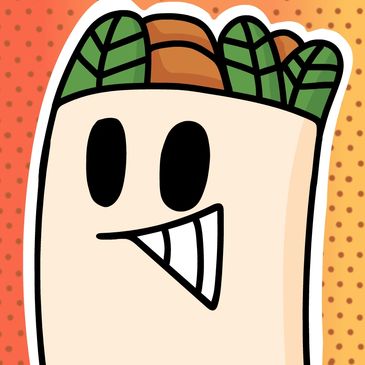 Cartoon-style wrap with eyes and a big toothy smile against an orange dotted background.