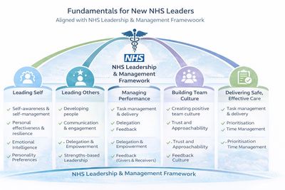 Diagram outlining fundamentals for new NHS leaders within the NHS Leadership &amp; Management Framework.