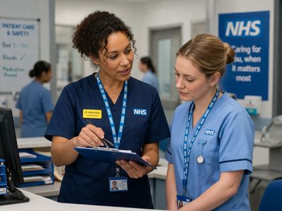 Two NHS nurses discuss patient care in a hospital setting.