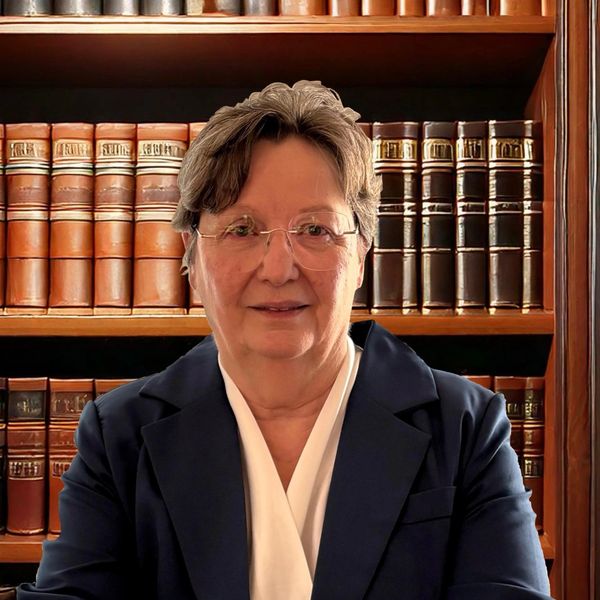Professional older woman in glasses stands confidently in front of a bookshelf filled with legal books.