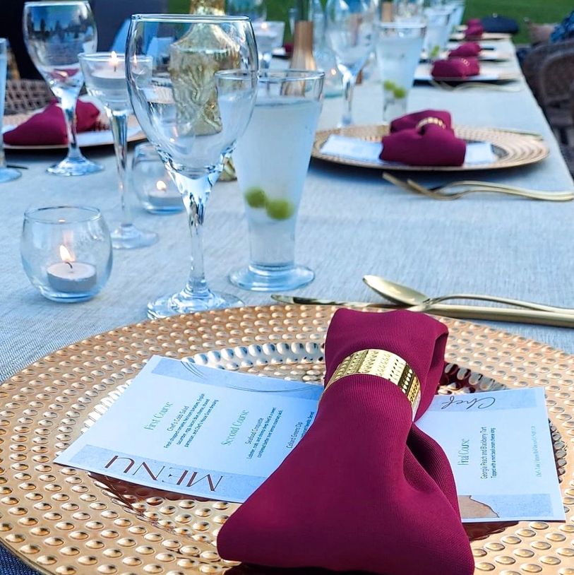 Table setting for Chef Mieka's Private Winery Dinner. Decor by Oh My Events.
