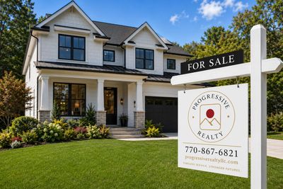 Modern two-story house with a 'For Sale' sign on a sunny day.