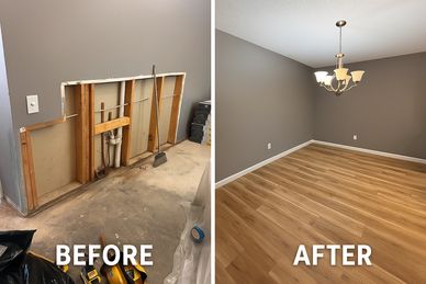 Before and after images of a room renovation with new flooring and wall repair.