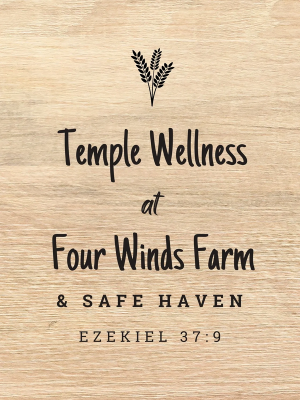 Temple Wellness at Four Winds Farm and Safe Haven logo on wood background.