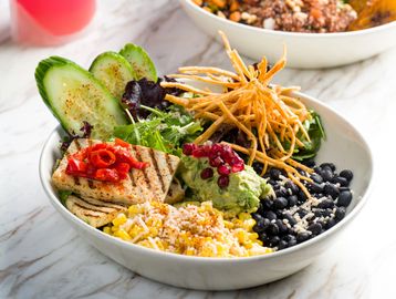 BKLYN Wild Diablo bowl with spicy tofu, black beans, street corn, queso fresco, tortilla strips.