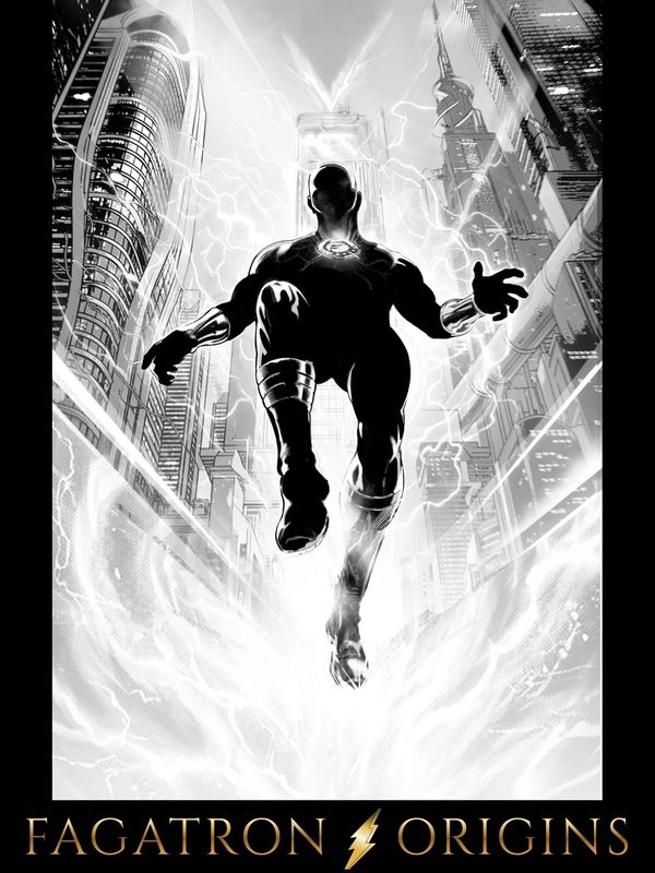 A powerful figure rises in a futuristic city with electric energy surrounding.