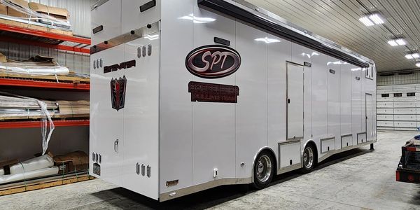 Graphics on enclosed trailer.