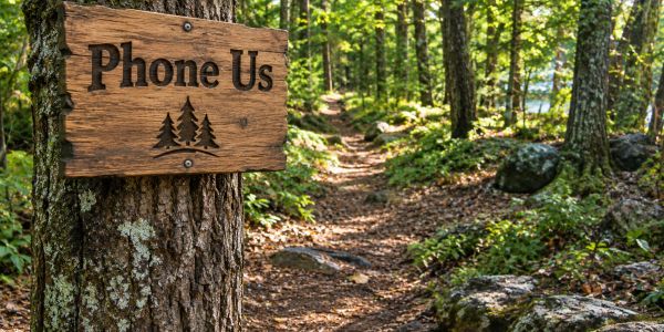 Wooden sign on tree saying 'Phone Us' in forest.