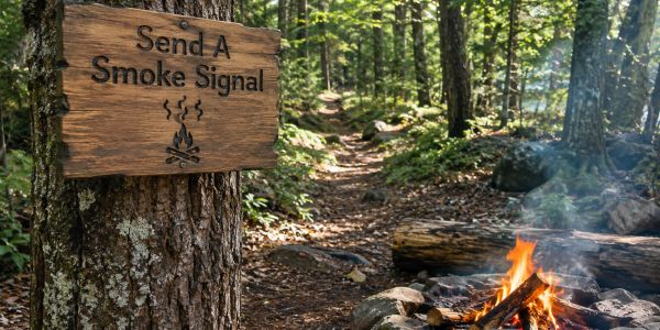 Wooden sign saying 'Send A Smoke Signal' near a campfire in the forest.