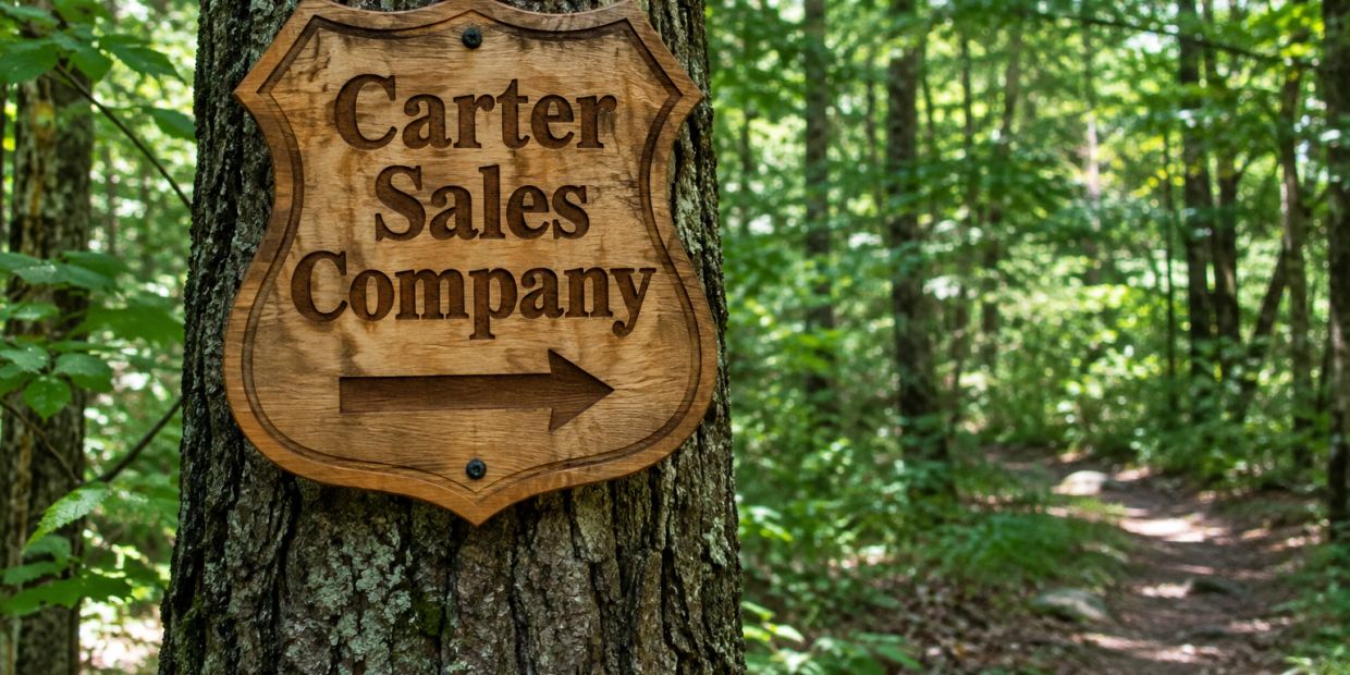 Wooden sign for Carter Sales Company on a tree in the forest.