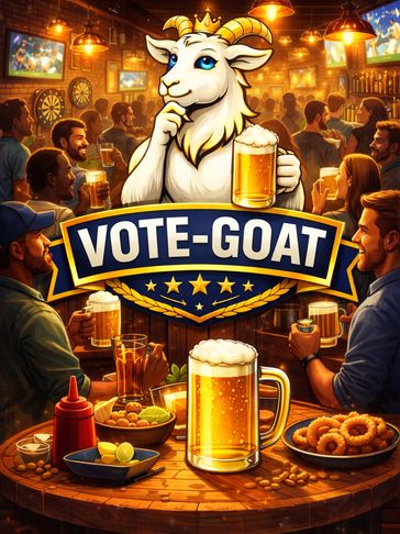 A crowned goat mascot holds a beer in a lively bar scene with 'VOTE-GOAT' banner.