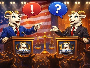 Two anthropomorphic goats debate at podiums with American flags and a balance scale.