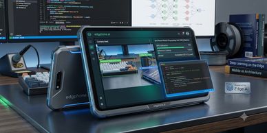 A futuristic tablet device displaying code and AI visuals on a sleek desk setup.