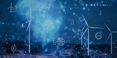 Wind turbines with digital energy icons symbolizing renewable energy technology.