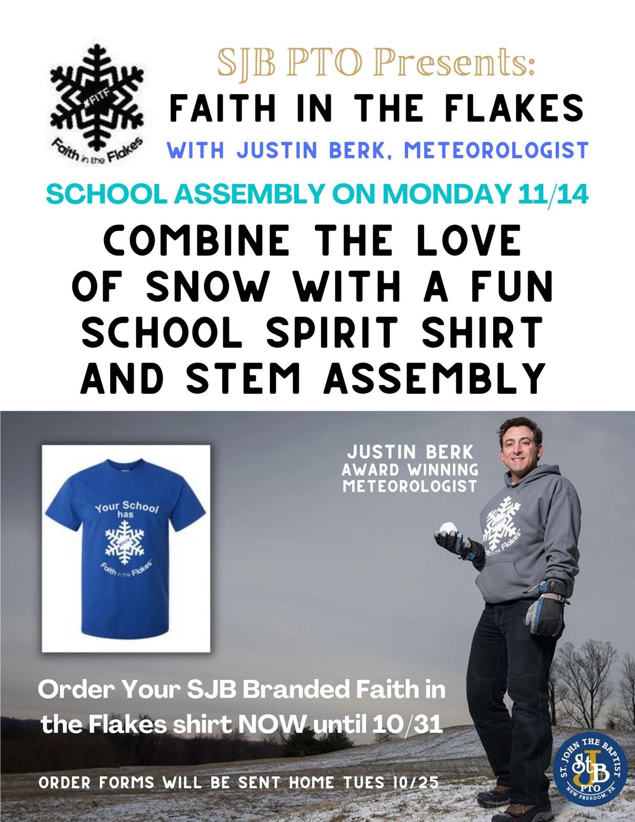 School assembly with meteorologist Justin Berk and branded Faith in the Flakes shirt.