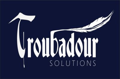 Logo of Troubadour Solutions with creative typography.