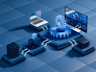 Graphic of a system of computers, gears, monitor, motherboards, etc. all connected to each other.