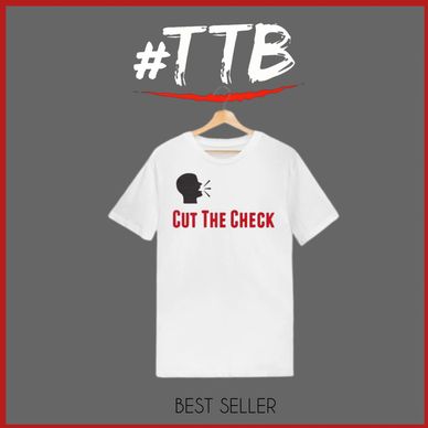 White t-shirt with 'Cut The Check' text and speaking head graphic.