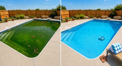 Side-by-side comparison of a swimming pool before and after cleaning.