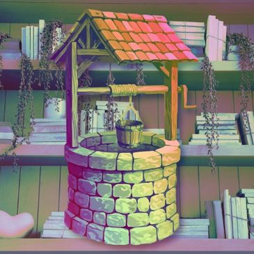 A library of knowledge in the background with a colorful well in the center