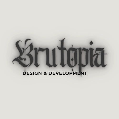 Brutopia logo with gothic text and design &amp; development subtitle.