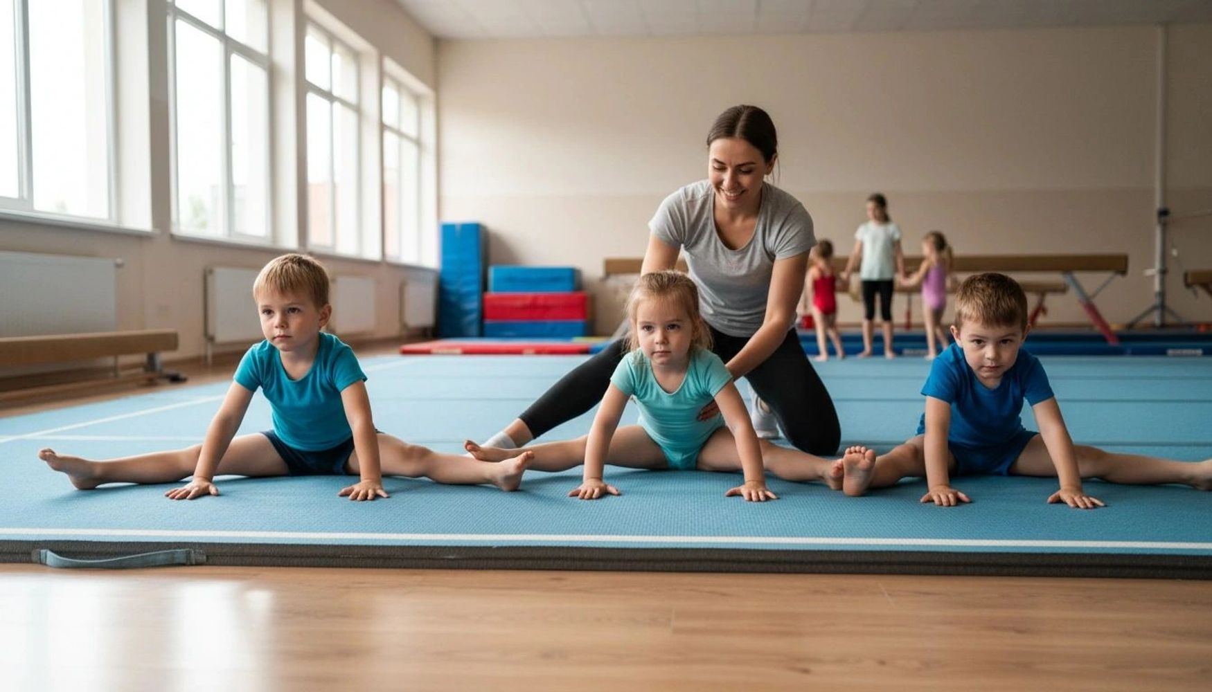 Children practicing splits on gym mats with instructor assistance.