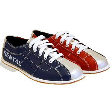 Pair of retro-style bowling shoes in navy and red with white laces, labeled 'RENTAL'.