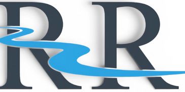 Two large black letters R with a blue river flowing through.