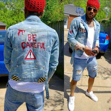 Be careful custom painted denim jacket cardi b