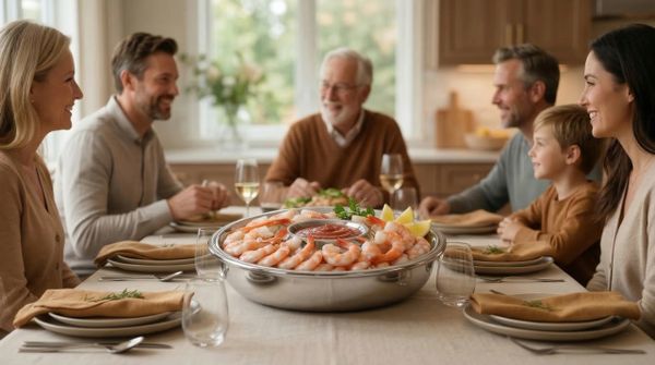 Family enjoying a shrimp dinner together at the table.