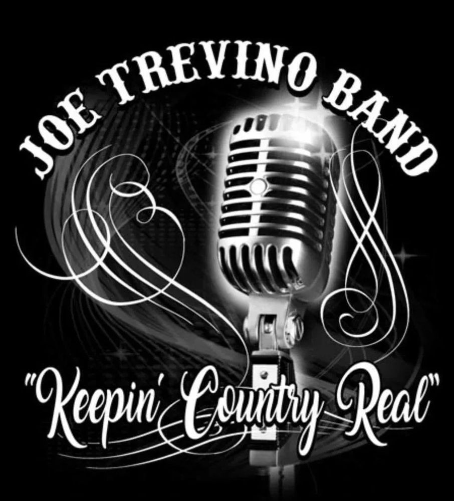 Vintage microphone with Joe Trevino Band logo and slogan.