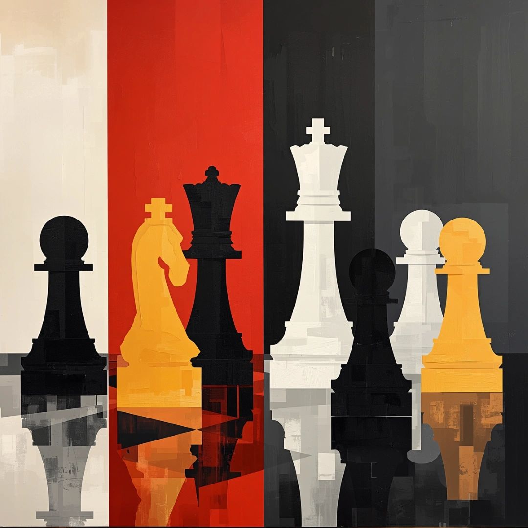 Artistic chess pieces with bold color blocks and reflections.