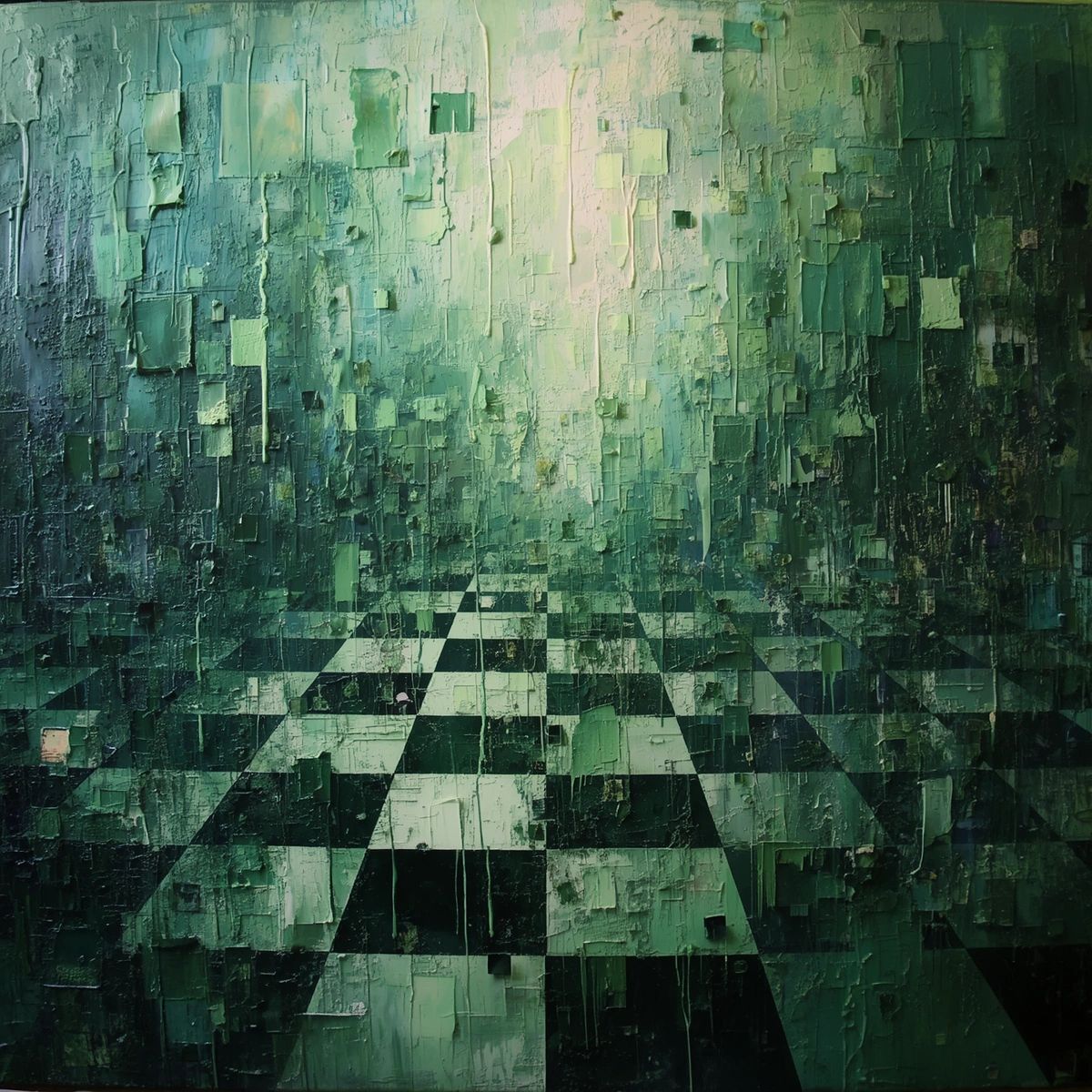 Abstract green textured painting with checkerboard pattern.