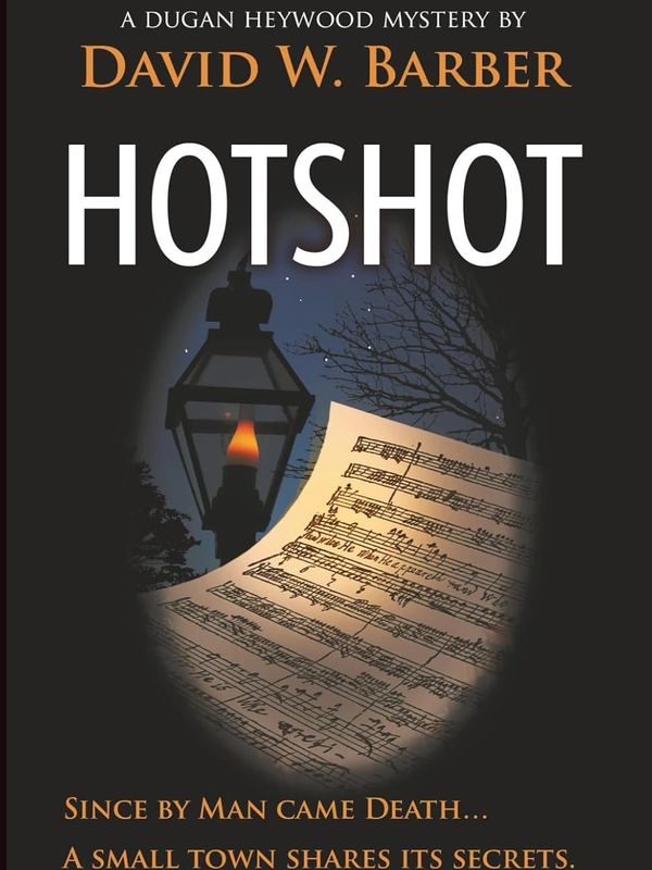 Book cover of a mystery novel featuring a street lamp and sheet music.