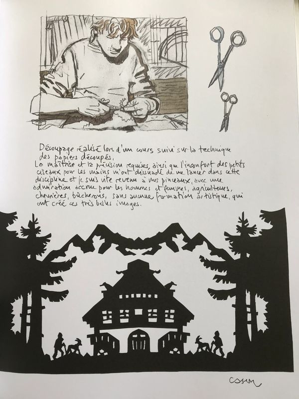 Illustration showing paper cutting art with tools and a detailed silhouette scene.