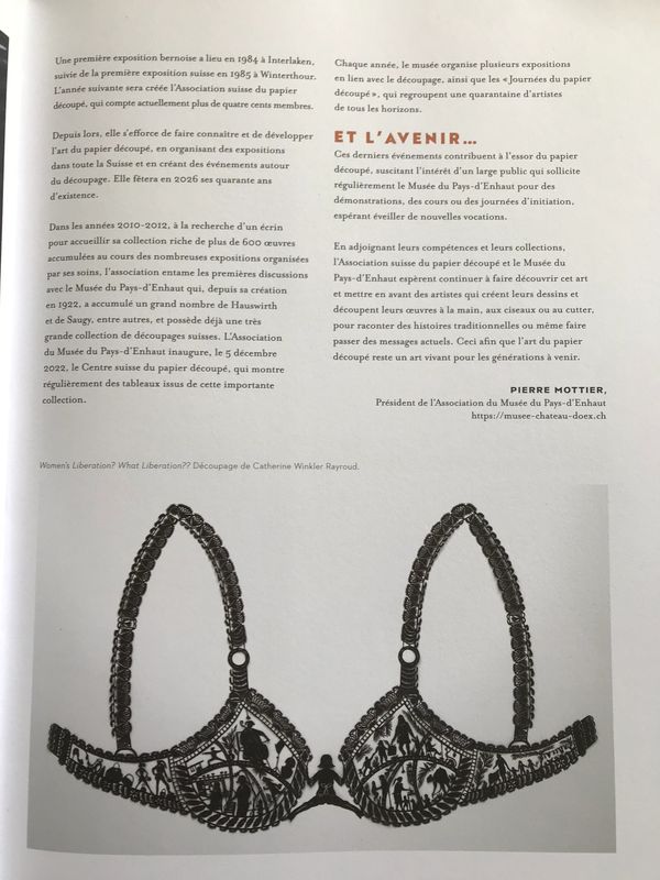 Intricate paper-cut bra artwork titled Women's Liberation by Catherine Winkler Rayroud.