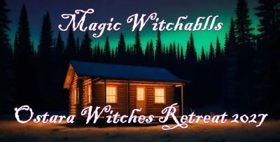 Witch-themed retreat promotional image with cabin and northern lights.