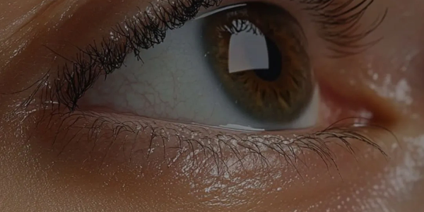 Close-up of a human eye with brown iris and visible eyelashes.