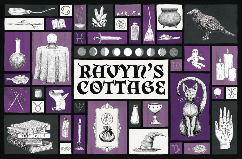 Collage poster of witchy items and store name.