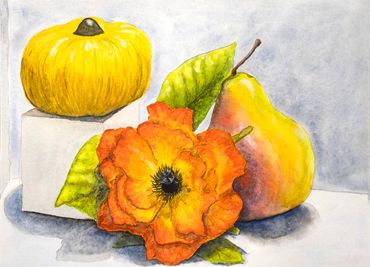 Still life of  a poppy, gourd, and pear
