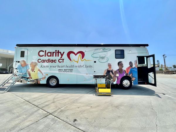 Mobile cardiac CT unit promoting heart health awareness.
