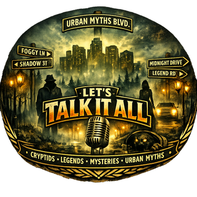 Dark, eerie cityscape with signs for urban myths and mysteries, featuring a microphone and shadowy figures.