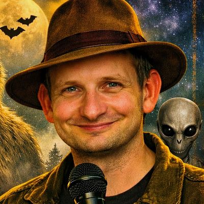 Man with hat holding microphone, alien and bat in spooky background.