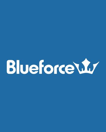 Blueforce logo with a crown symbol on a blue background.